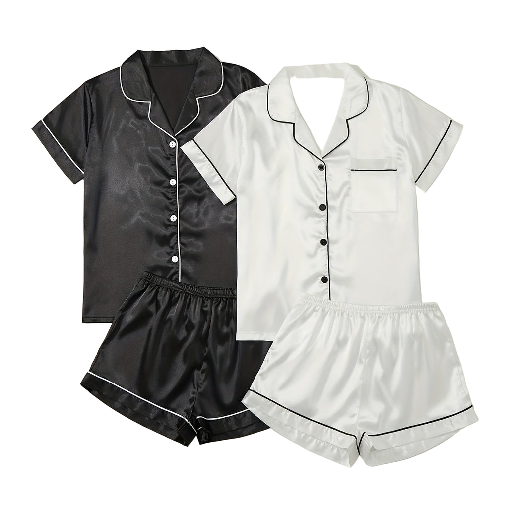 Ensemble Pyjama Chemisier et Short Satinés (Lot de 2) – Éclat Satiné