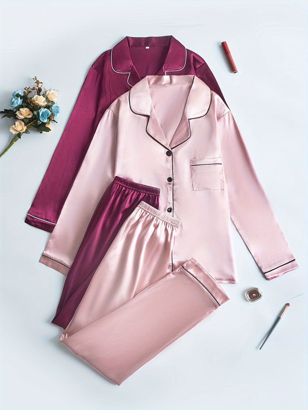 Ensemble Pyjama Chemise et Pantalon Satinés (Lot de 2) – Accord Satiné