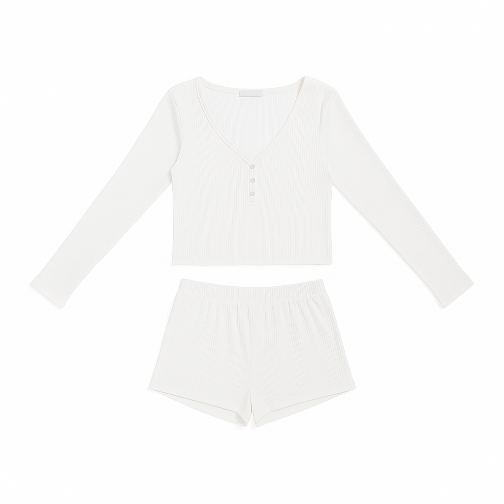 Ensemble Pyjama Manches Longues et Short – Sérénité Côtelée