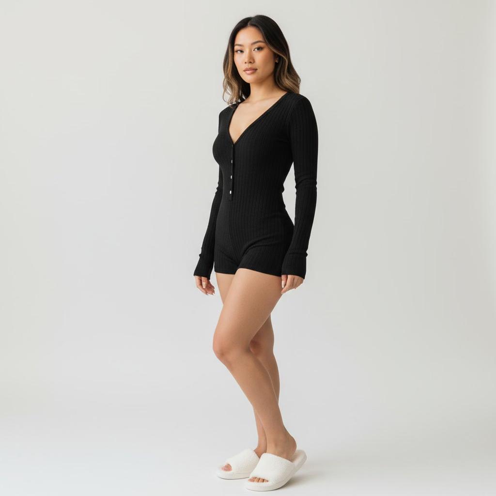 Combishort Côtelée Manches Longues – Caresse Côtelée