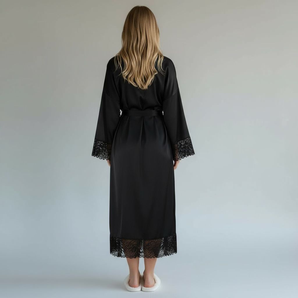 Chemise de Nuit Satinée Longue à Dentelle – Clair de Brume