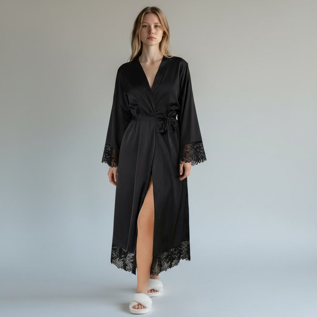 Chemise de Nuit Satinée Longue à Dentelle – Clair de Brume