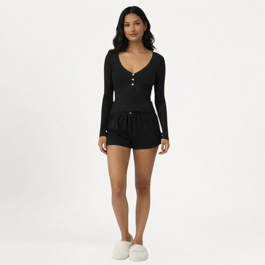 Ensemble Pyjama Manches Longues et Short – Sérénité Côtelée