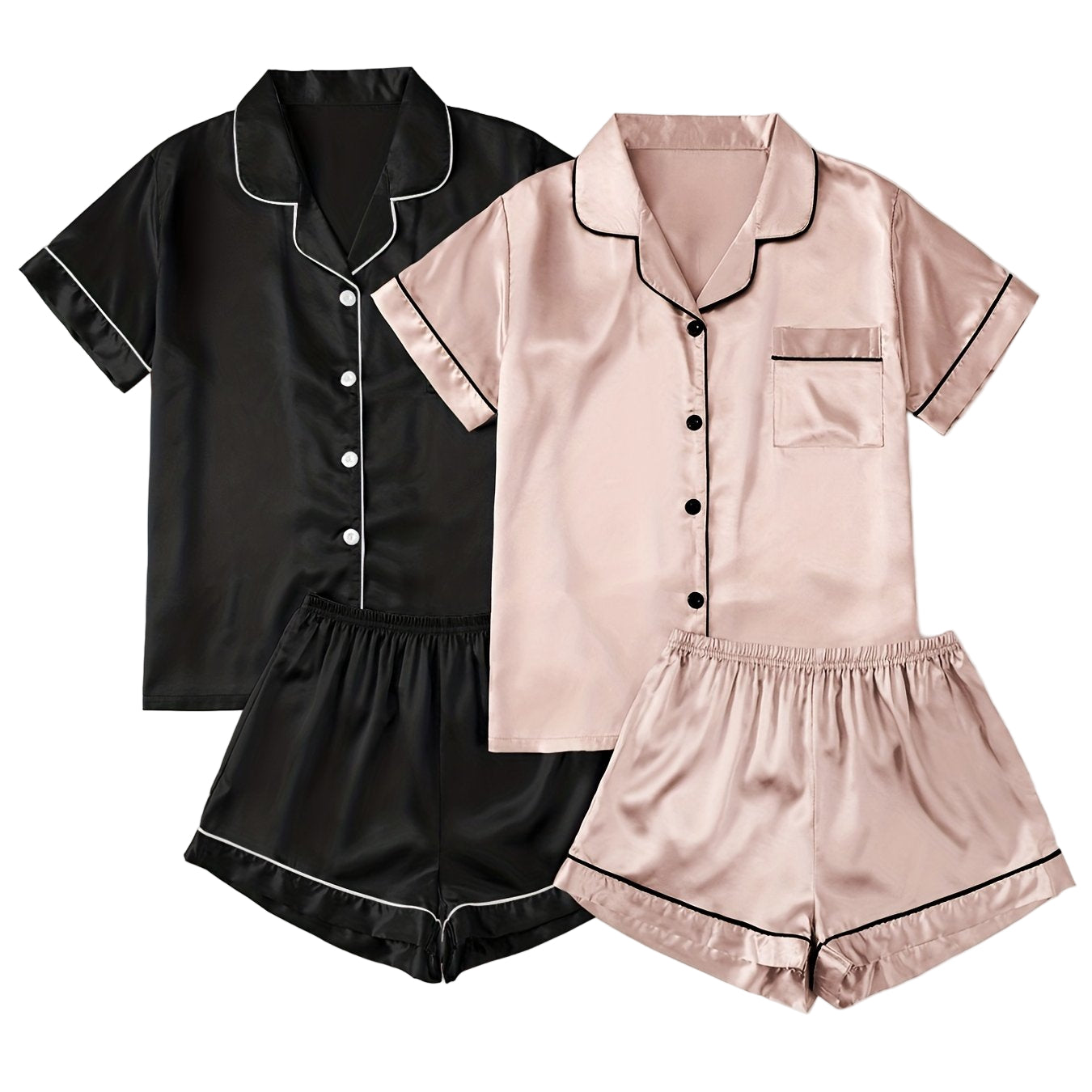 Ensemble Pyjama Chemisier et Short Satinés (Lot de 2) – Éclat Satiné