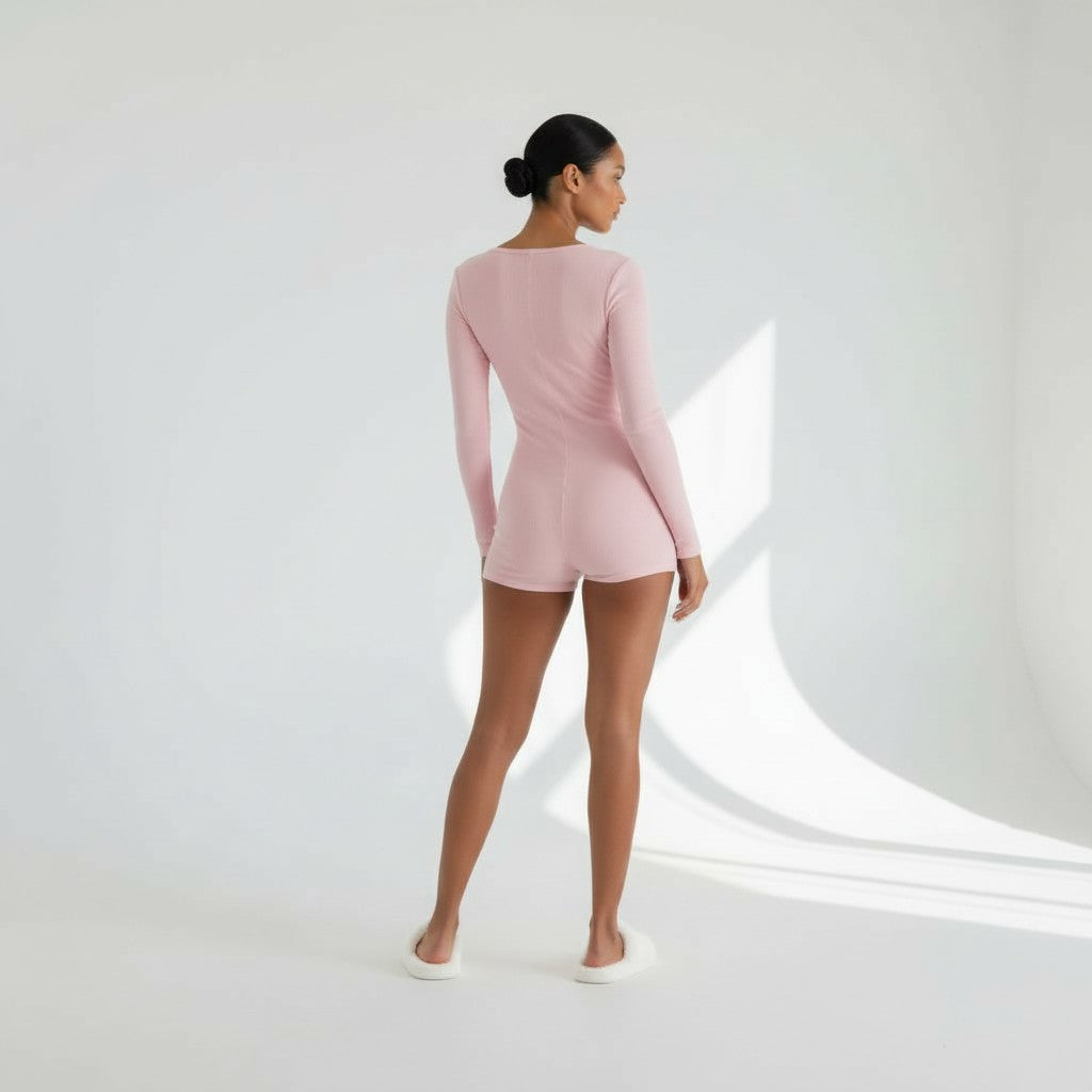 Combishort Pyjama Côtelée Manches Longues – Caresse Côtelée