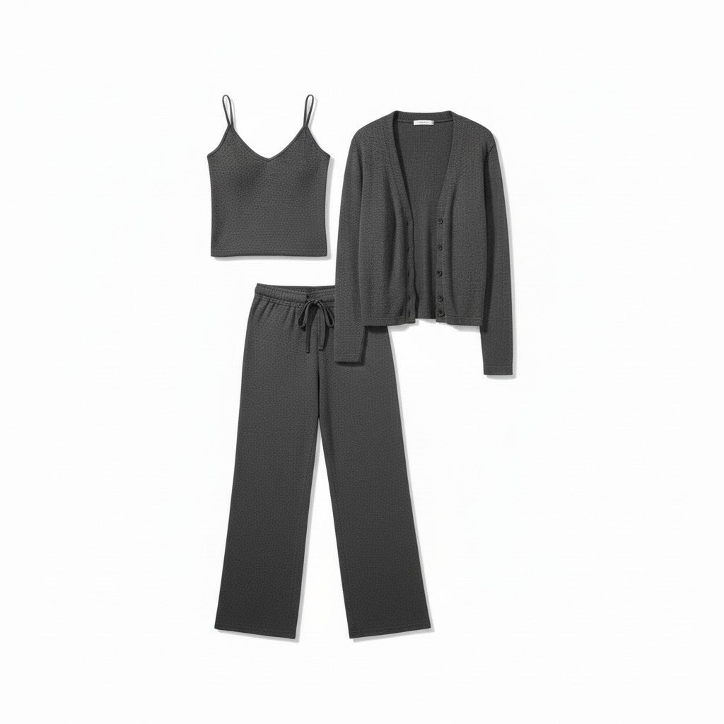 Trio Pyjama Doux Gilet, Débardeur et Pantalon – Signature Élégante