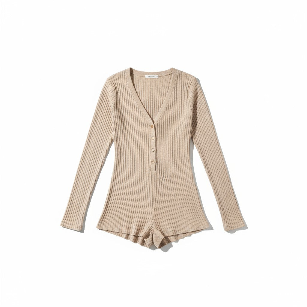 Combishort Côtelée Manches Longues – Caresse Côtelée