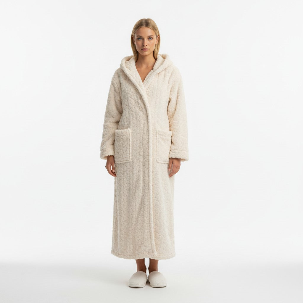 Peignoir Chaud avec Capuche Femme en Polaire – Cocon Vanille