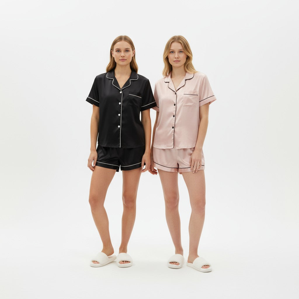 Ensemble Pyjama Chemisier et Short Satinés (Lot de 2) – Éclat Satiné