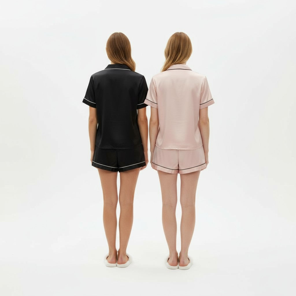 Ensemble Pyjama Chemisier et Short Satinés (Lot de 2) – Éclat Satiné
