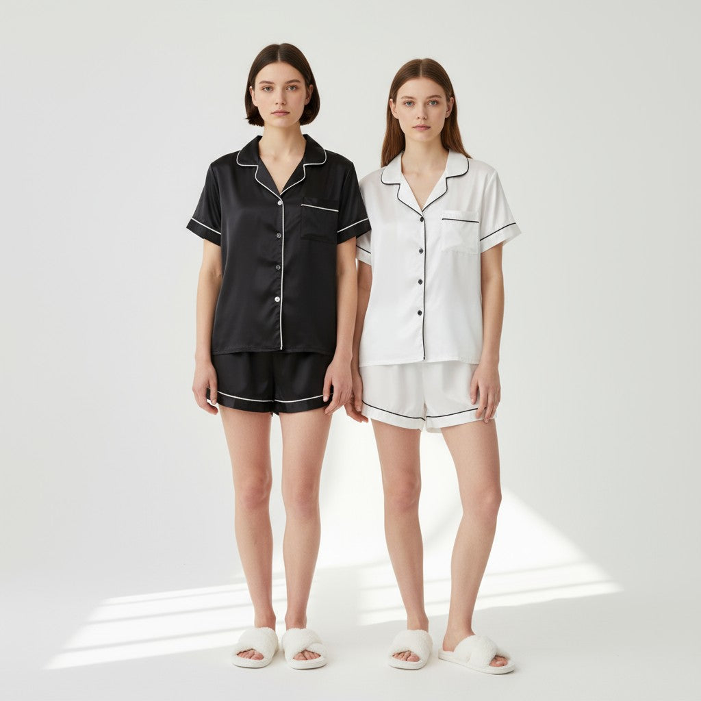 Ensemble Pyjama Chemisier et Short Satinés (Lot de 2) – Éclat Satiné