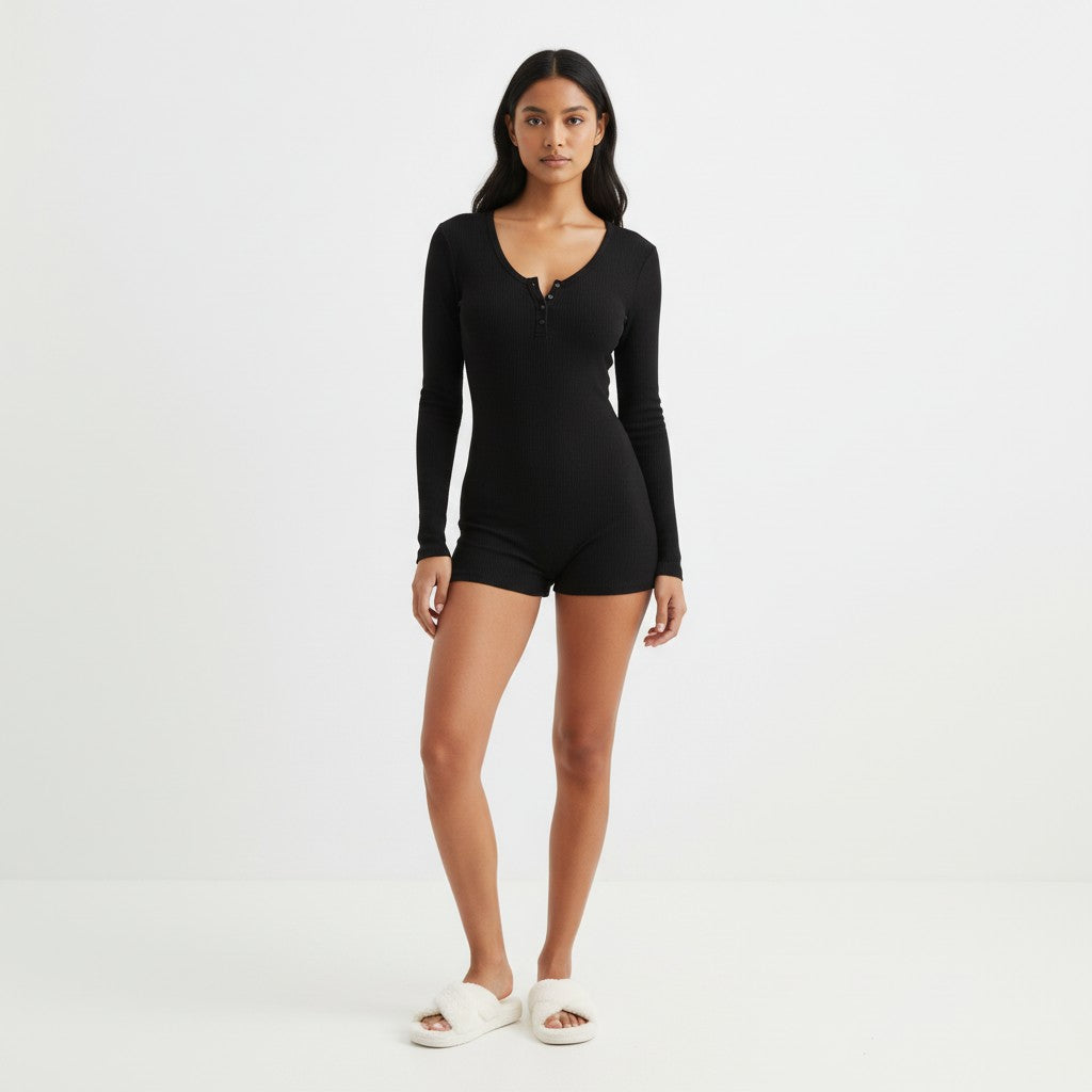 Combishort Pyjama Côtelée Manches Longues – Caresse Côtelée